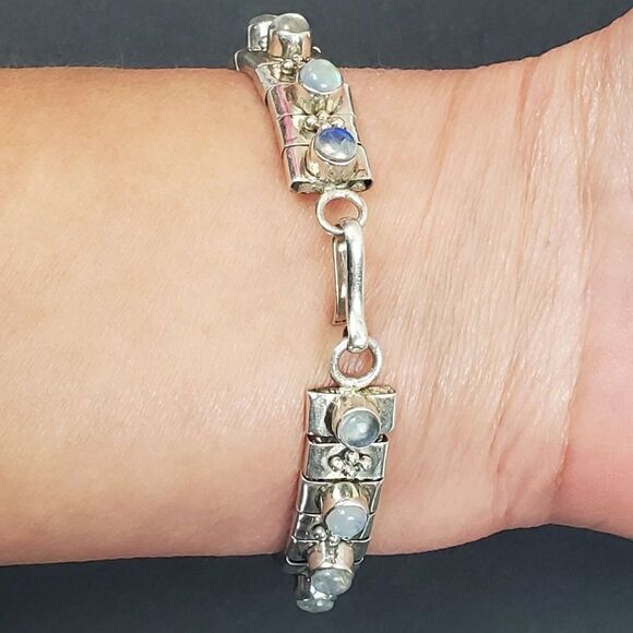 Sterling Silver 925 Opalite Glass Cabochon Panel Bead Link Bracelet Chunky 7.25" - Picture 15 of 15